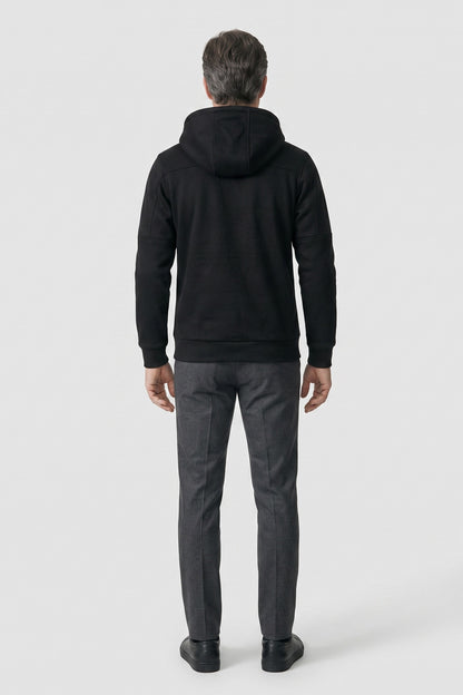 Men's Zip Hooded Jacket | Sleeve Pocket — Black — back view — on model