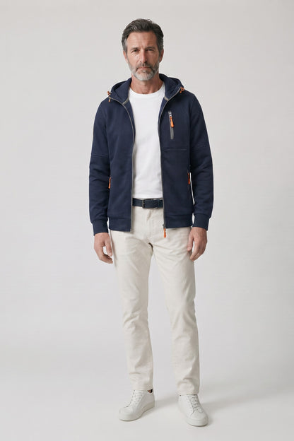 Men's Zip Hooded Jacket | Sleeve Pocket — Navy — front view — on model