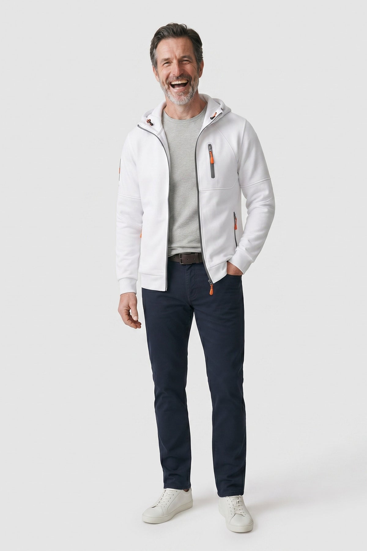 Men's Zip Hooded Jacket | Sleeve Pocket — White — front view — on model