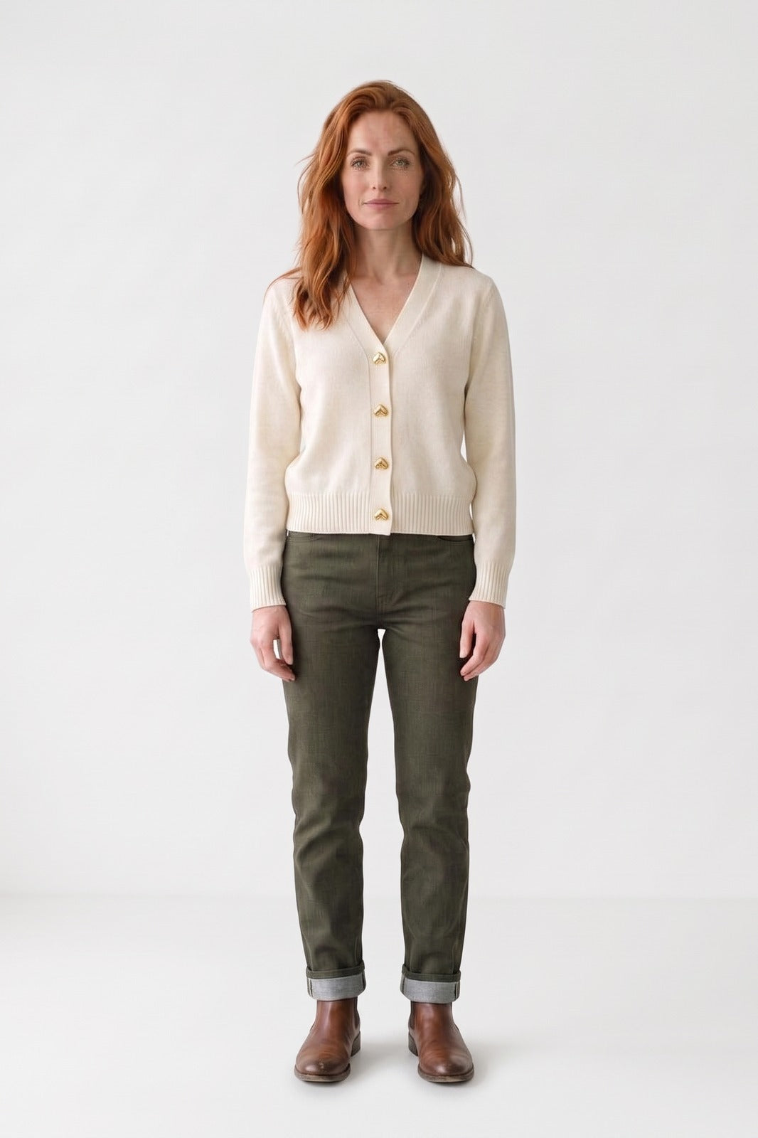 Women's Cropped Cardigan | V-Neck — White — front view — on model