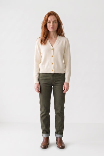 Women's Cropped Cardigan | V-Neck — White — front view — on model
