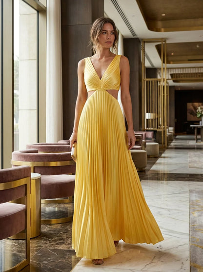 Maxi Dress for Women with Pleats and V-Neck
